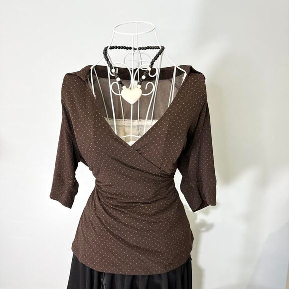 super cute vintage y2k brown & pink polka dot babydoll wrap blouse top - Picture 2 of 6